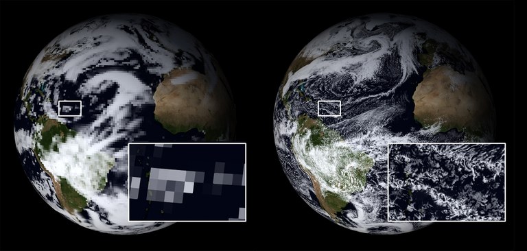 A day in early February 2020 in a traditional CMIP6 High resolution simulation and in a DYAMOND 2.5 km simulation performed in the context of ESiWACE. The Weather in both simulations is different, as the CMIP simulation is a free-running model that has been running for centuries, while the DYAMOND simulation has been running for a few days only with initial values from the ECMWF weather prediction system.